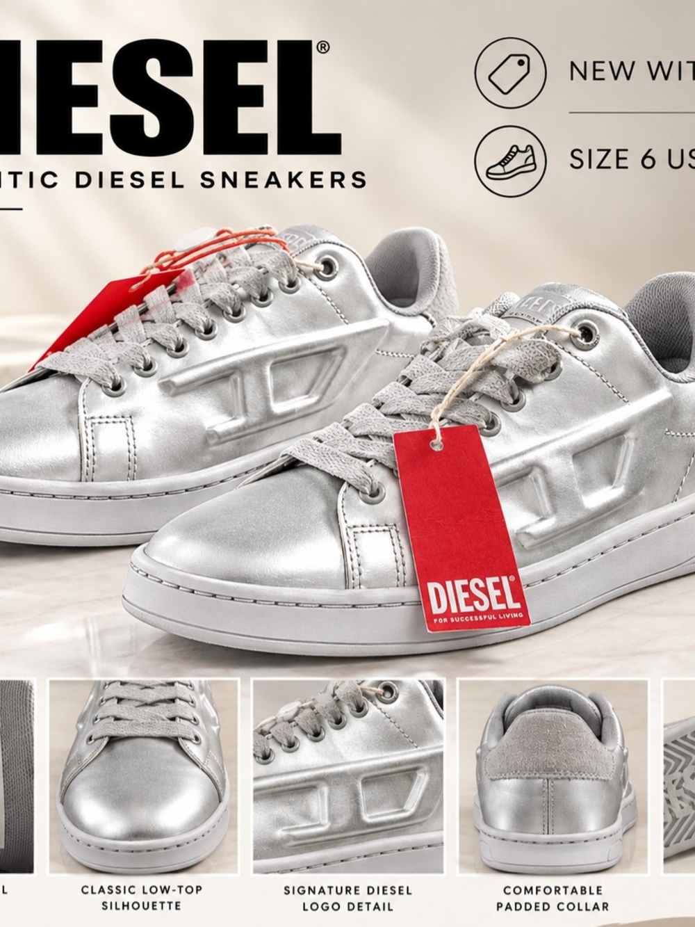 Diesel Metallic Silver Low-Top Sneakers with Red Tag